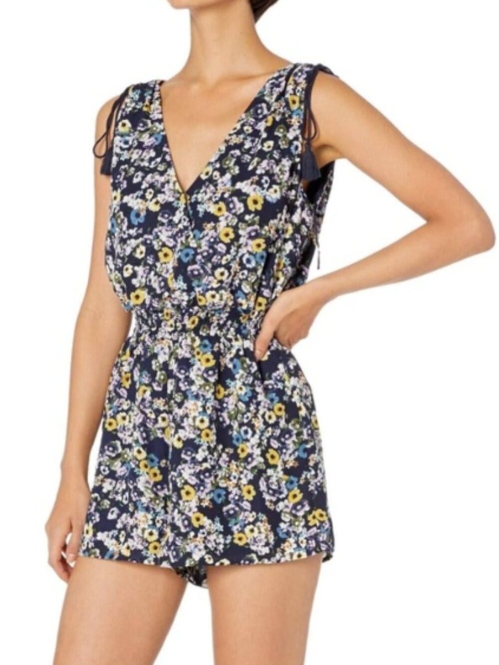 Cupcakes & Cashmere Meadow Floral Romper Blue Yellow Summer V-Neck Tassel Tie